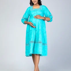 Turquoise Textured Mixed Cotton Taaga Maternity Dress