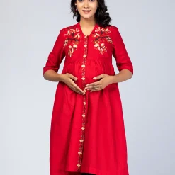 Red Printed and Embroidered Tencel Taaga Maternity Dress