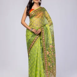 Light Green Printed and Embroidered Muslin Saree