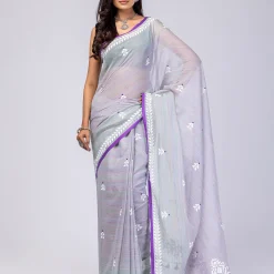 Light Grey Printed and Embroidered Cotton Saree