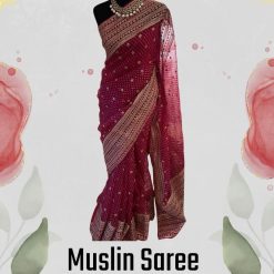 Maroon muslin saree with traditional design for women